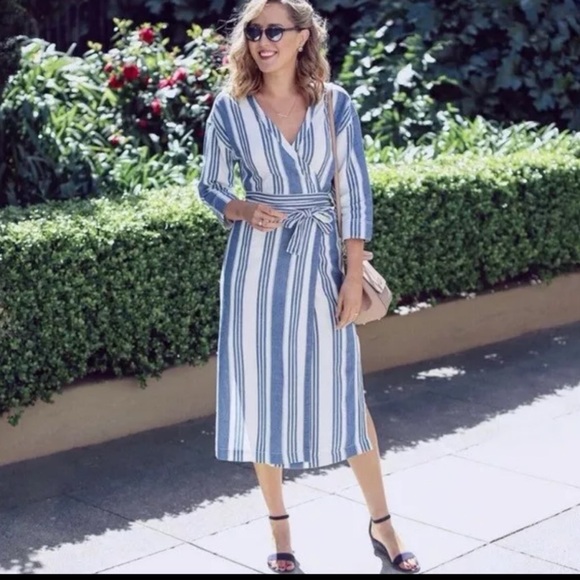 Madewell Cotton Linen Blend Linn Stripe Wrap Midi Dress - Picture 2 of 12